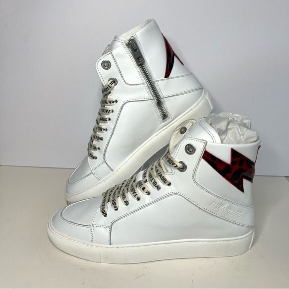 Zadig and Voltaire High Flash Calfskin Sneakers, Red Lightening Bolt, 7, NIB - Picture 6 of 14